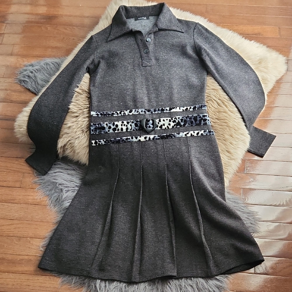 French Heather Grey Wool Blend Long Sleeve Midi Dress with Pleated Bottom